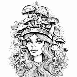 trippy girl with mushrooms in her hair psychedelic style with cannabis leafs