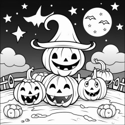 a simple line art scene of smiling pumpkin characters with small rounded shapes holding baskets of candy they stand in a peaceful halloween setting with a large moon and stars minimal background lines to create a comfy atmosphere