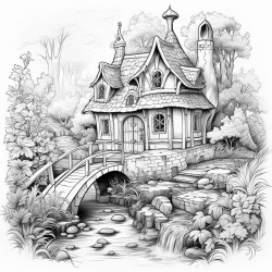 cottage in the woods with stream and birds intricate patterns