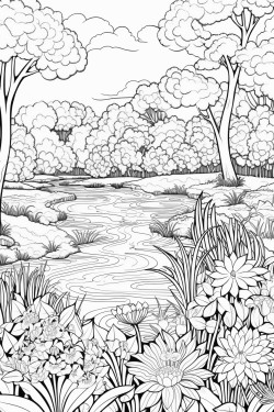 variety of flowers and blooming trees around a pond