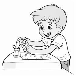 a kid rubbing and washing his hands under the tap water image should be black and white