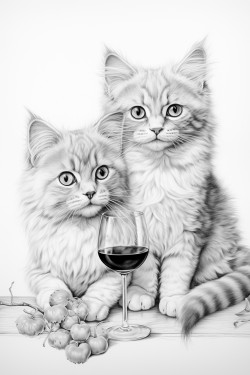 white cat with blue eyes and grey cat with yellow eyes they drink together wine white is older than grey