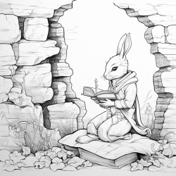 nature spirit reading a book next to a stone wall with a rabbit