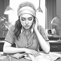 nurse hands over her face behind a desk tired