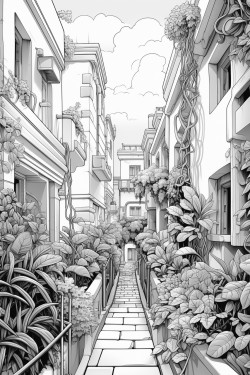 big blank wall without windows in the middle of a metropole include some plant climbing down the houses