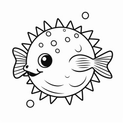 kids coloring page with pufferfish black and white simple line art style minimalist drawing white background style raw