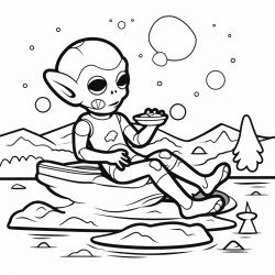 an alien laying down a river while eating ice cream