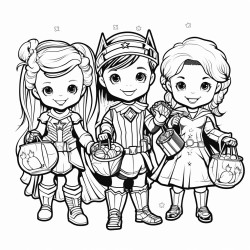 kids in diverse costumes superheroes pirates fairies holding bags of candy