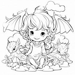 little girl with baby dragons rainbows