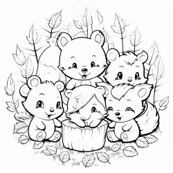 a cute forest friends gathering coloring bookvector white background black and white black drawing