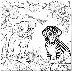 a friendly tiger a curious monkey and a colorful parrot in a lush jungle with trees vines and flowers