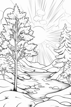 winter tree scene with the sun shining and sun rays