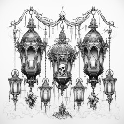 gothic lanterns  a set of victorianstyle lanterns with skull and bat motifs each with ornate details and hanging chains