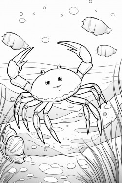 cute crab with fish in backround and ocean details