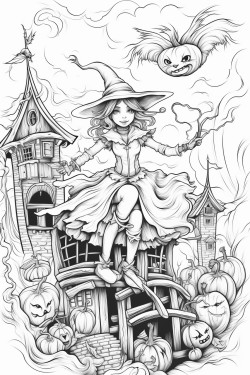 pretty witch with her cat on her broomstick flying over a cozy tudor style town decorated for halloween with jackolanterns and ghosts in an elegant art nouveau style