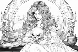 an evil witch reading her crystal ball