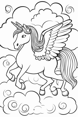 winged unicorn riding a rainbow and clouds