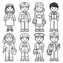 a community workers coloring page that includes a teacher astronaut doctor nurse postman firefighter chef astronaut and police officer