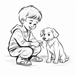 black and white coloring book drawing only thick outlines no grayscale of a child playing with a dog