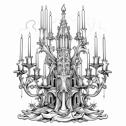 a tall gothic candelabra with melting candles surrounded by dark flowing curtains