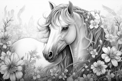 a unicorn playing in a flowery meadow