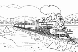 a railroad train with a steam locomotive a coal tender and passenger cars near a river
