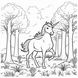 hermoso unicornio en el bosque rodeado de arboles rio