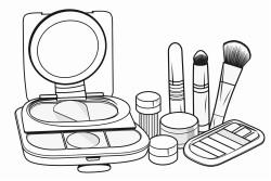 makeup items including a blush compact perfume bottle eyeshadow palette lipstick mascara and makeup brushes