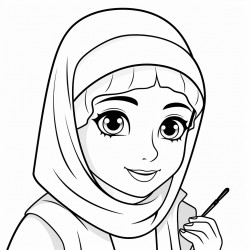 beautiful muslim girl putting on blush outline of drawing with thick and black