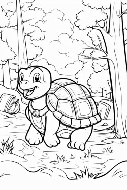 turtle is in a forest with trees his backpack lies on the ground mouse named milo stands nearby