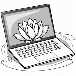 a laptop with a photo of a lotus flower floating on water on its screen