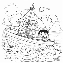 worried boys working into a big boat with a big storm