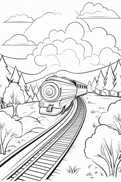 train with background of train tracks and grass and trees