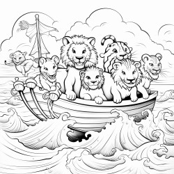 beach fantasy animals lions tigers pandas elephant canoe in middle of water tornado