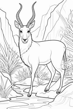 a saola standing quietly near a mountain stream in a forest surrounded by tall grasses and tropical plants
