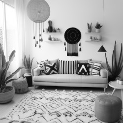 salon bohme avec tapis superposs canap  motifs plantes exotiques macram mural et lampe vintage