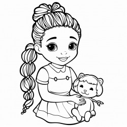 african american young girl with 2 ponytail braids playing with a doll