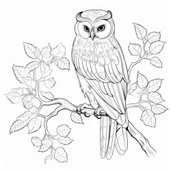 coloring page owl perched on a tree branch with leaves around no shading high details thick lines