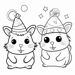 a rabbit hamster and turtle with party hats