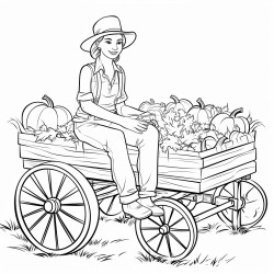 adult woman in jeans and check shirt sitting on a hay wagon which ist loaded with different pumpkins