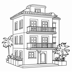 a single town house Nothing on the background or foreground The town house has four levels Each level has a balcony and a window There are no other buildings No shading Simple outlines