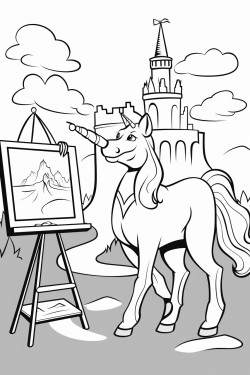 a unicorn drawing a picture of a frog on a easel with a castle in the background