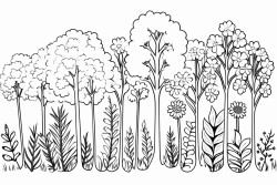 a blooming forest with diverse trees plants and flowers