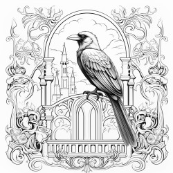 a crow sitting on a gothic gate surrounded by swirling fog