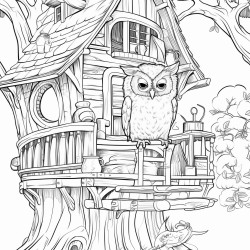 a extreme closeup of a wise old owl threequarter view to the left in a cozy treehouse interior