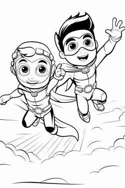 super power kid flying in the sky looking at me and smiling with his friend next to him as a flying masked otter