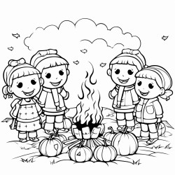 pumpkin people at a bonfire