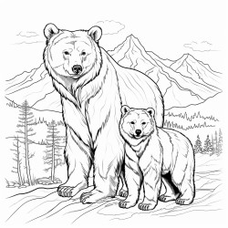 a beautiful grizzly bear and cub with a mountain range in the backround