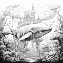 a magical forest with flying whales