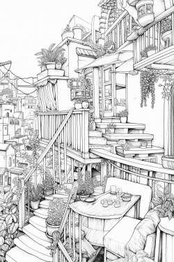 a caf with a rooftop garden and fairy lights